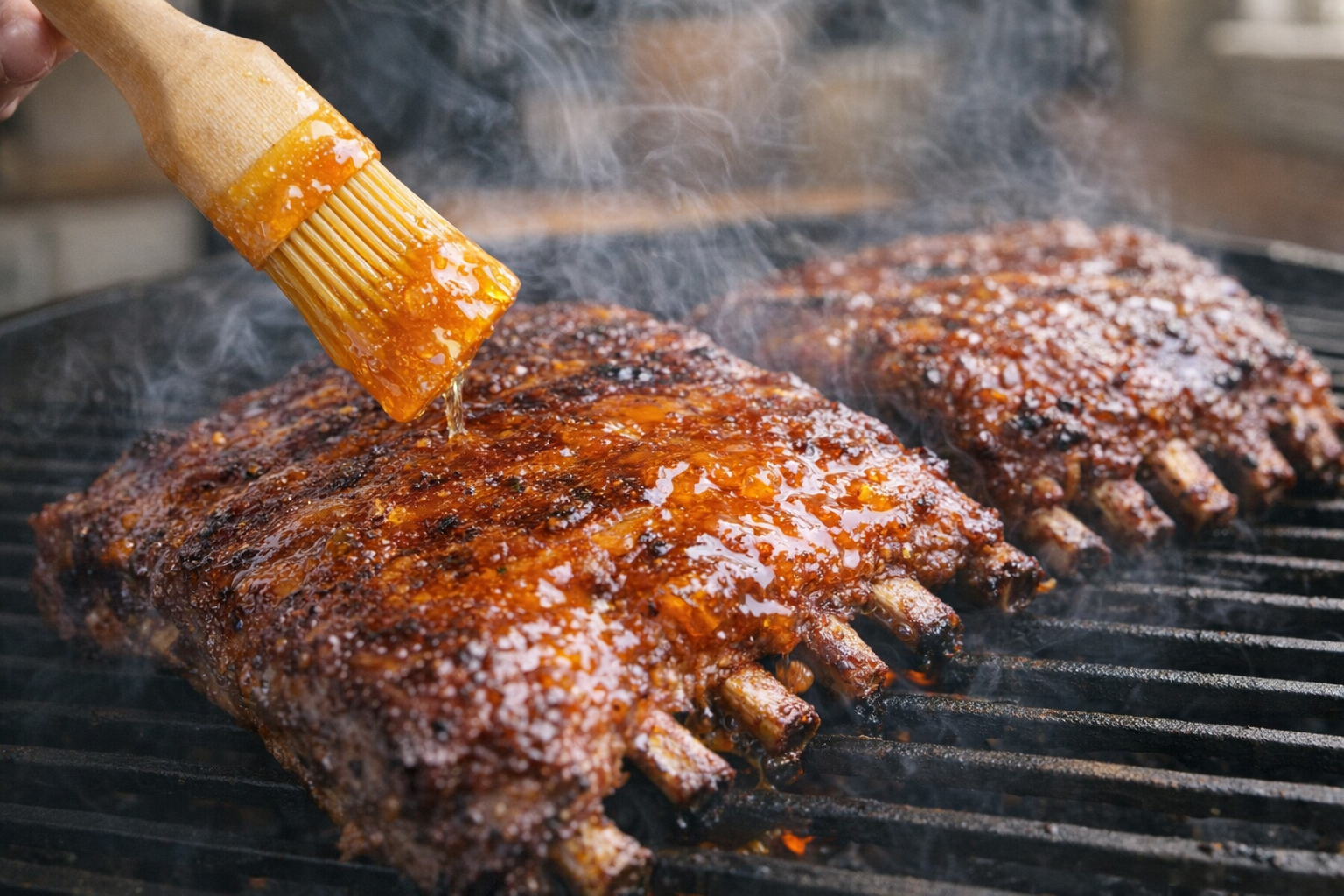 A close-up shot of ribs on the grill, being basted with a thick, glistening orange marmalade glaze, smoke rising